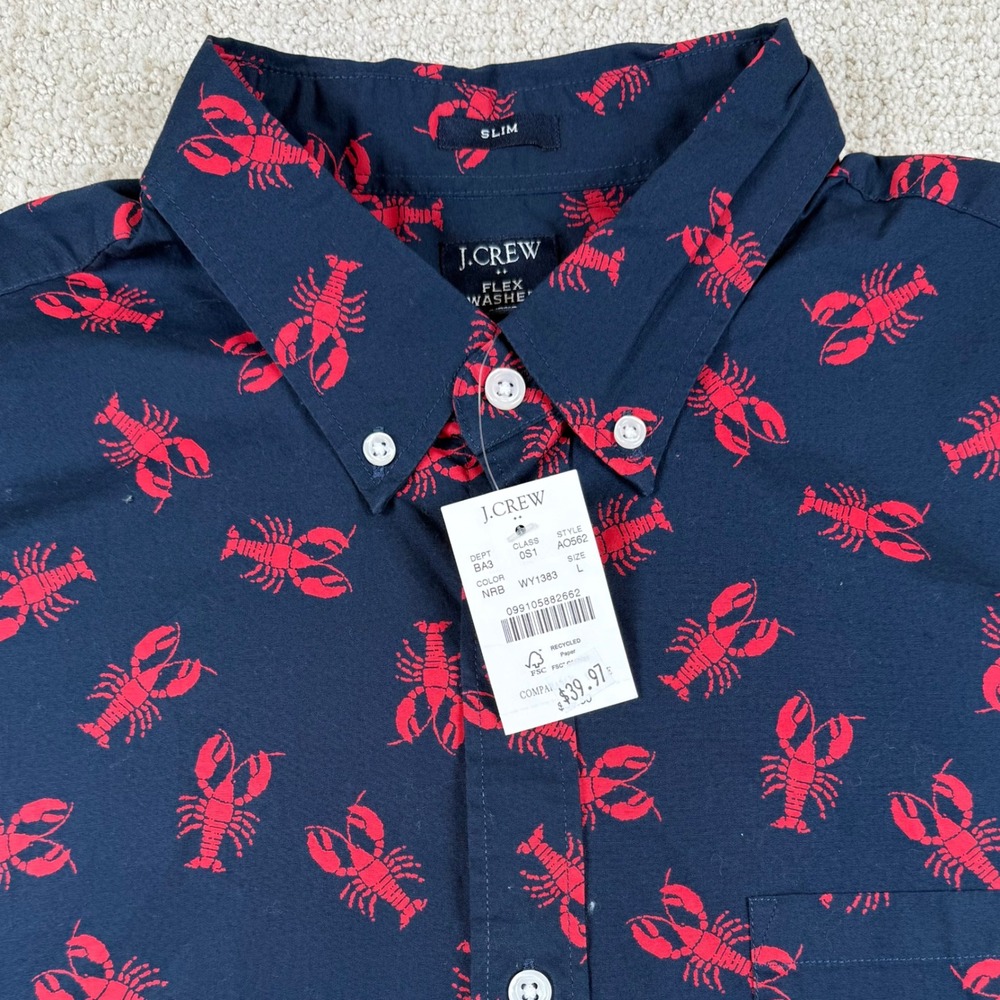 NEW J Crew Mens Large Blue Lobster Print Flex Washed Slim Button Down Shirt